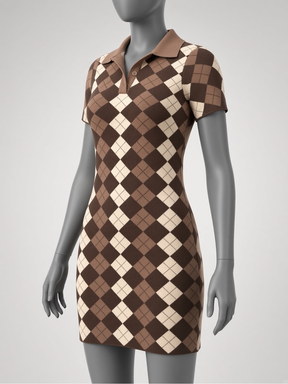 Kendall & Kylie Brown and Cream Argyle Polo Mini Dress